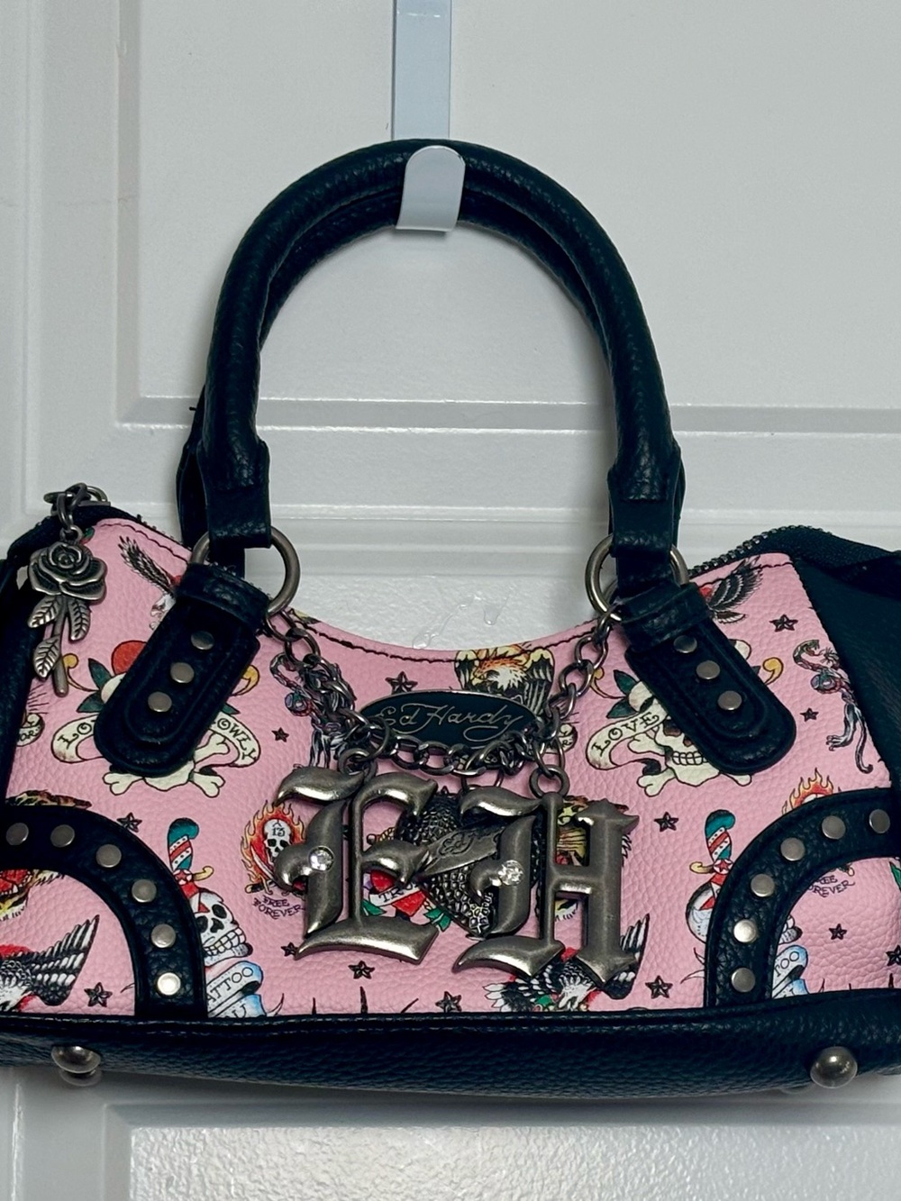 Ed Hardy Pink Tattoo Print Gunmetal Charms Satchel Handbag